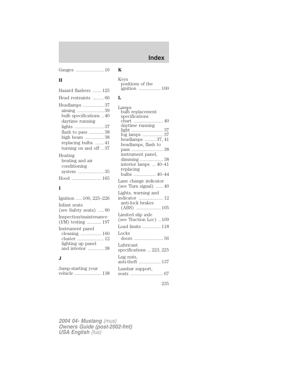 Index | FORD 2004 Mustang v.3 User Manual | Page 235 / 240