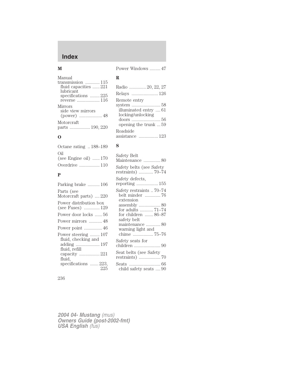 Index | FORD 2004 Mustang v.3 User Manual | Page 236 / 240