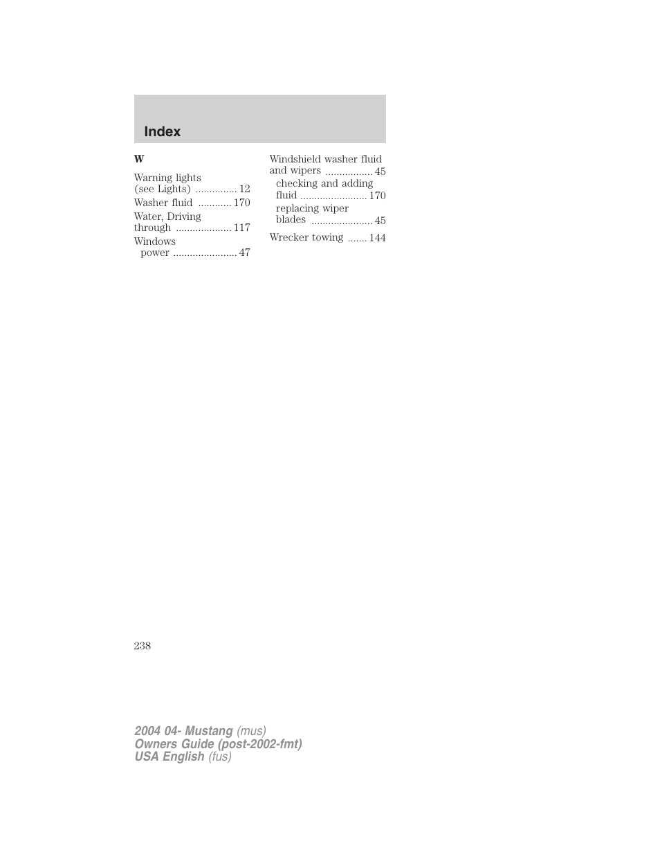 Index | FORD 2004 Mustang v.3 User Manual | Page 238 / 240