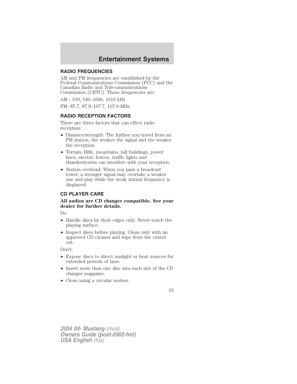 Entertainment systems | FORD 2004 Mustang v.3 User Manual | Page 33 / 240