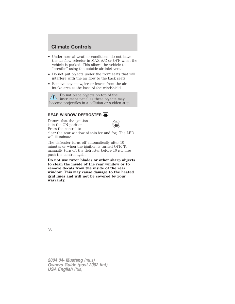 Climate controls | FORD 2004 Mustang v.3 User Manual | Page 36 / 240