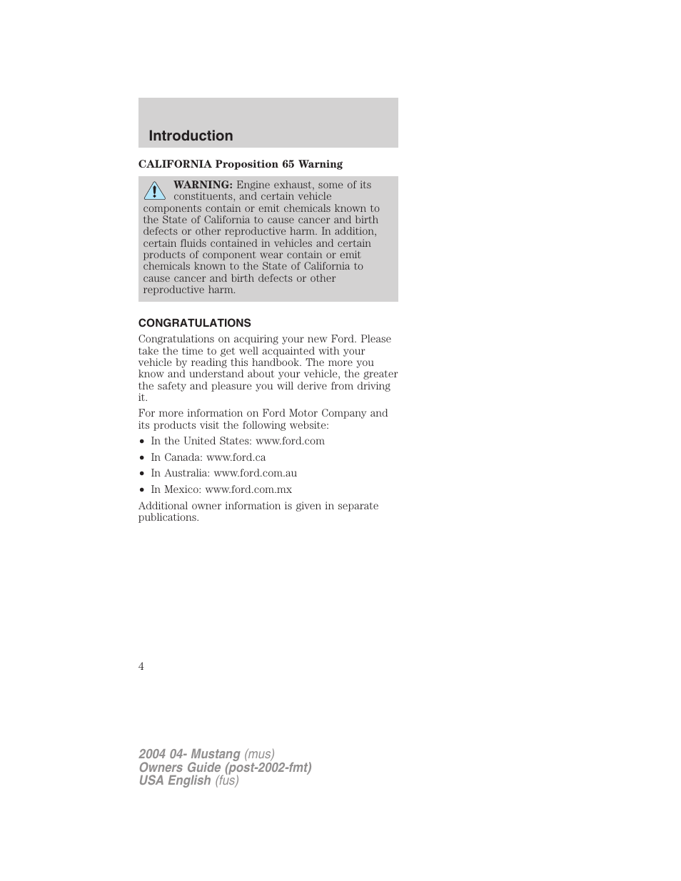 Introduction | FORD 2004 Mustang v.3 User Manual | Page 4 / 240