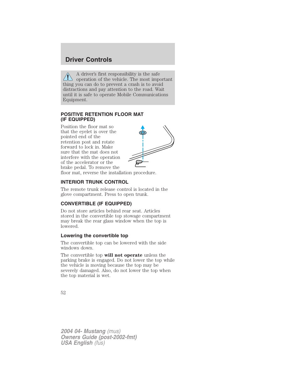 Driver controls | FORD 2004 Mustang v.3 User Manual | Page 52 / 240
