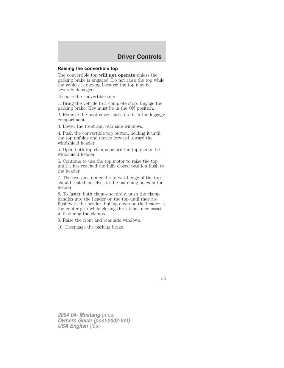 Driver controls | FORD 2004 Mustang v.3 User Manual | Page 55 / 240