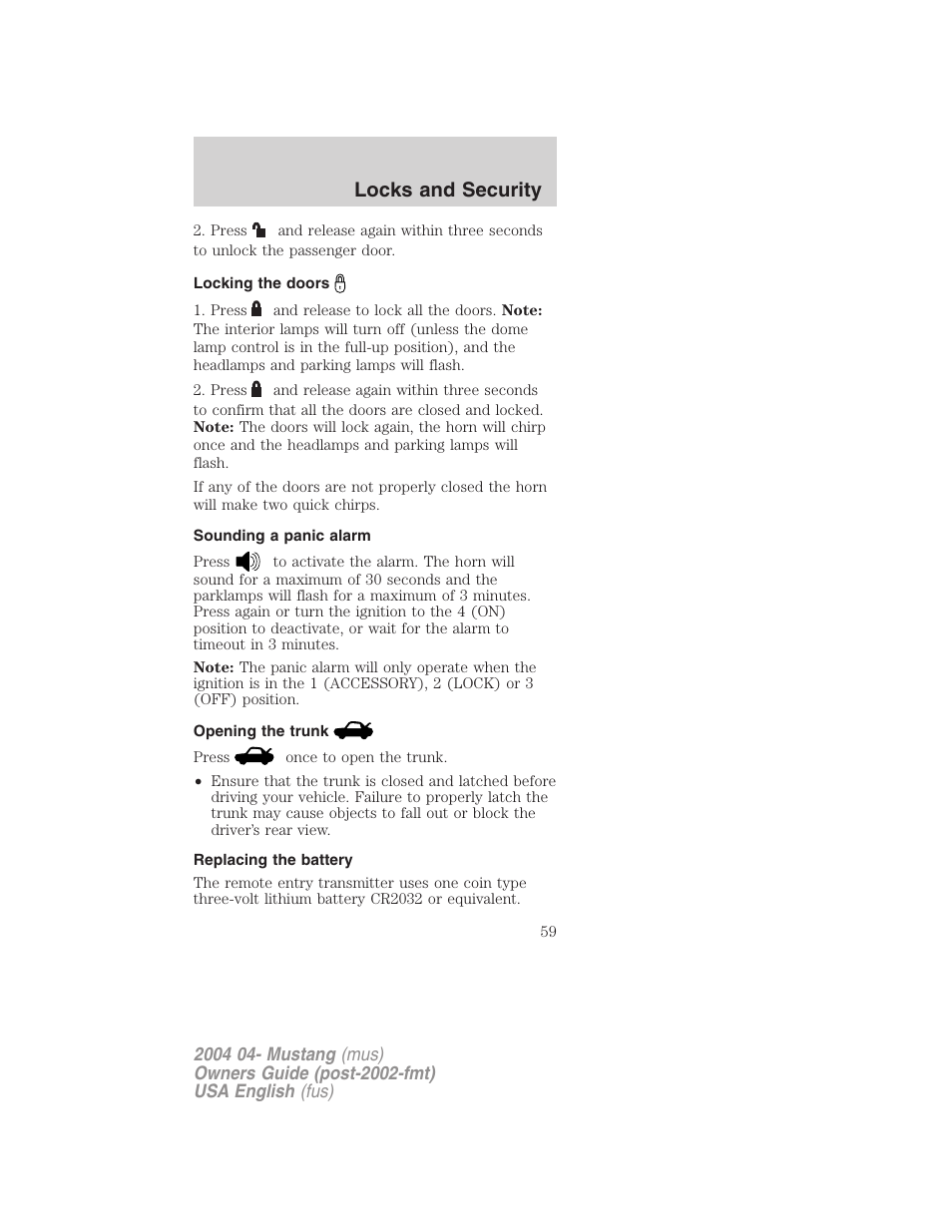 Locks and security | FORD 2004 Mustang v.3 User Manual | Page 59 / 240