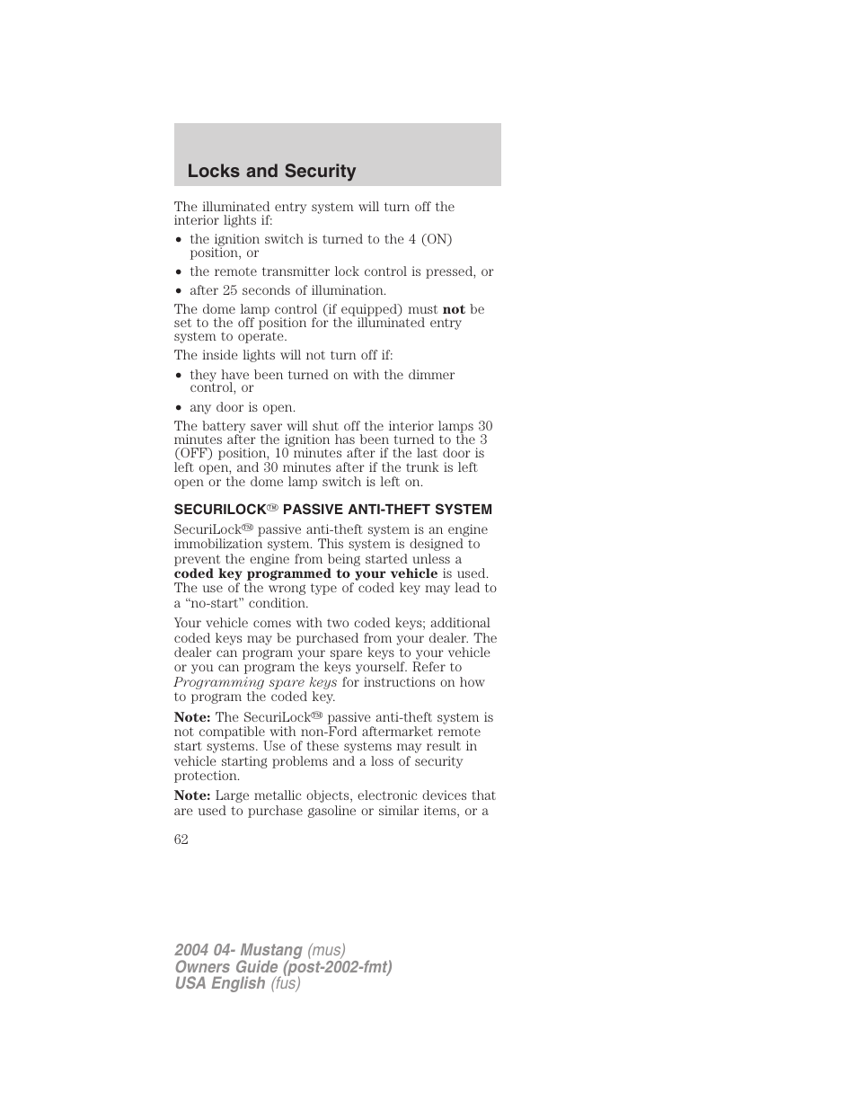 Locks and security | FORD 2004 Mustang v.3 User Manual | Page 62 / 240