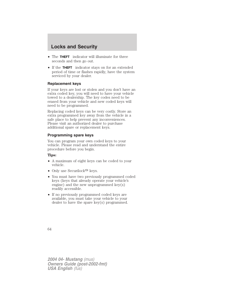 Locks and security | FORD 2004 Mustang v.3 User Manual | Page 64 / 240