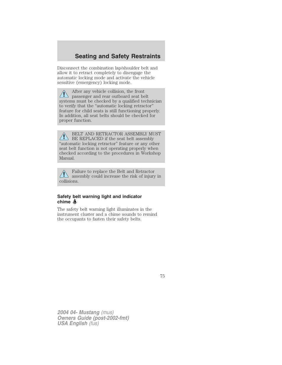 Seating and safety restraints | FORD 2004 Mustang v.3 User Manual | Page 75 / 240