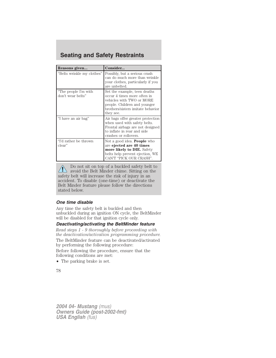 Seating and safety restraints | FORD 2004 Mustang v.3 User Manual | Page 78 / 240