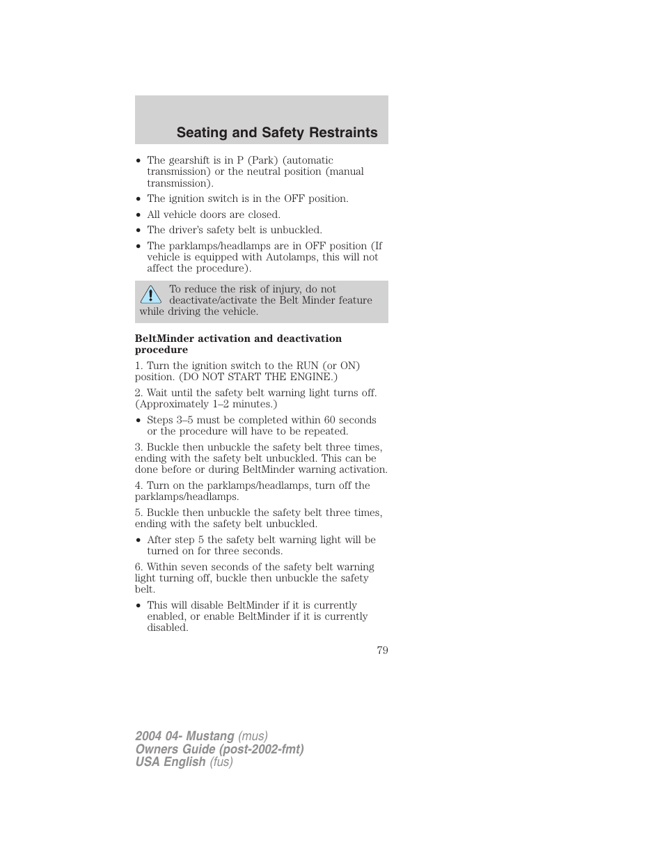 Seating and safety restraints | FORD 2004 Mustang v.3 User Manual | Page 79 / 240