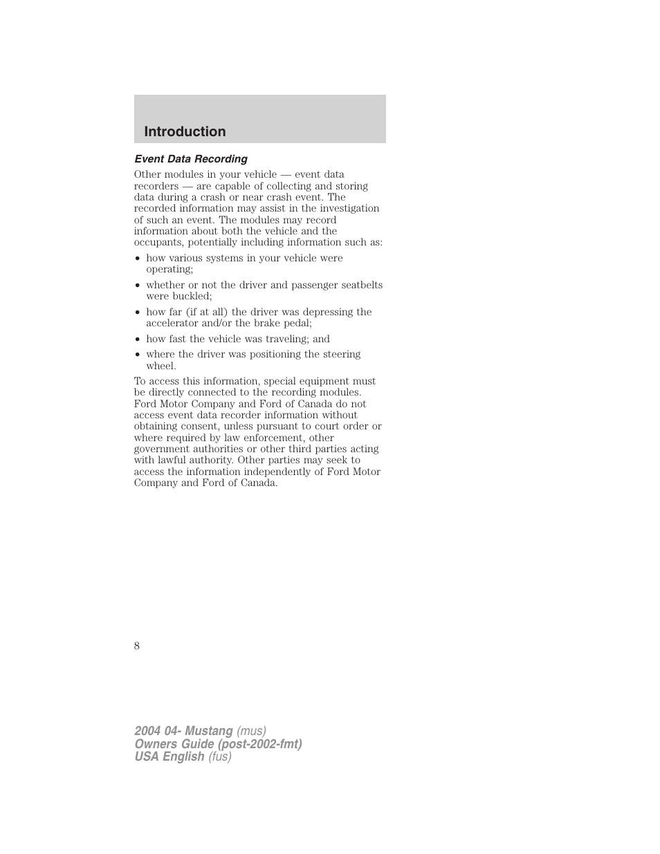 Introduction | FORD 2004 Mustang v.3 User Manual | Page 8 / 240