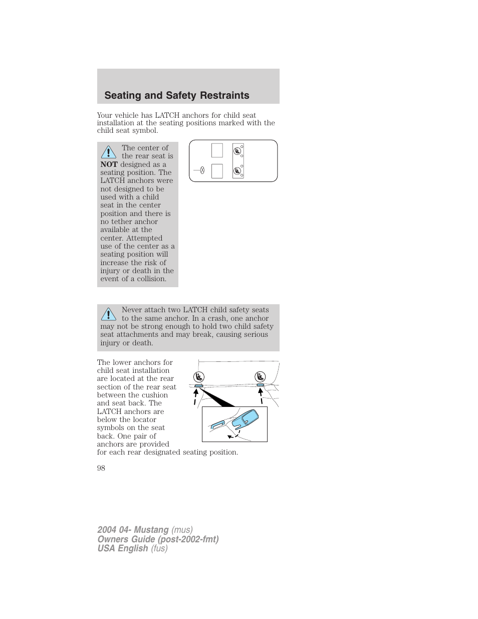 Seating and safety restraints | FORD 2004 Mustang v.3 User Manual | Page 98 / 240