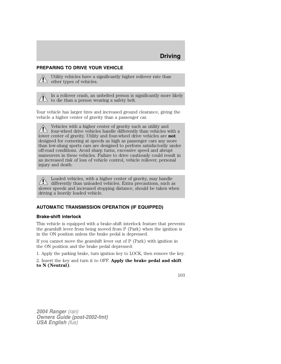 Driving | FORD 2004 Ranger v.1 User Manual | Page 103 / 248