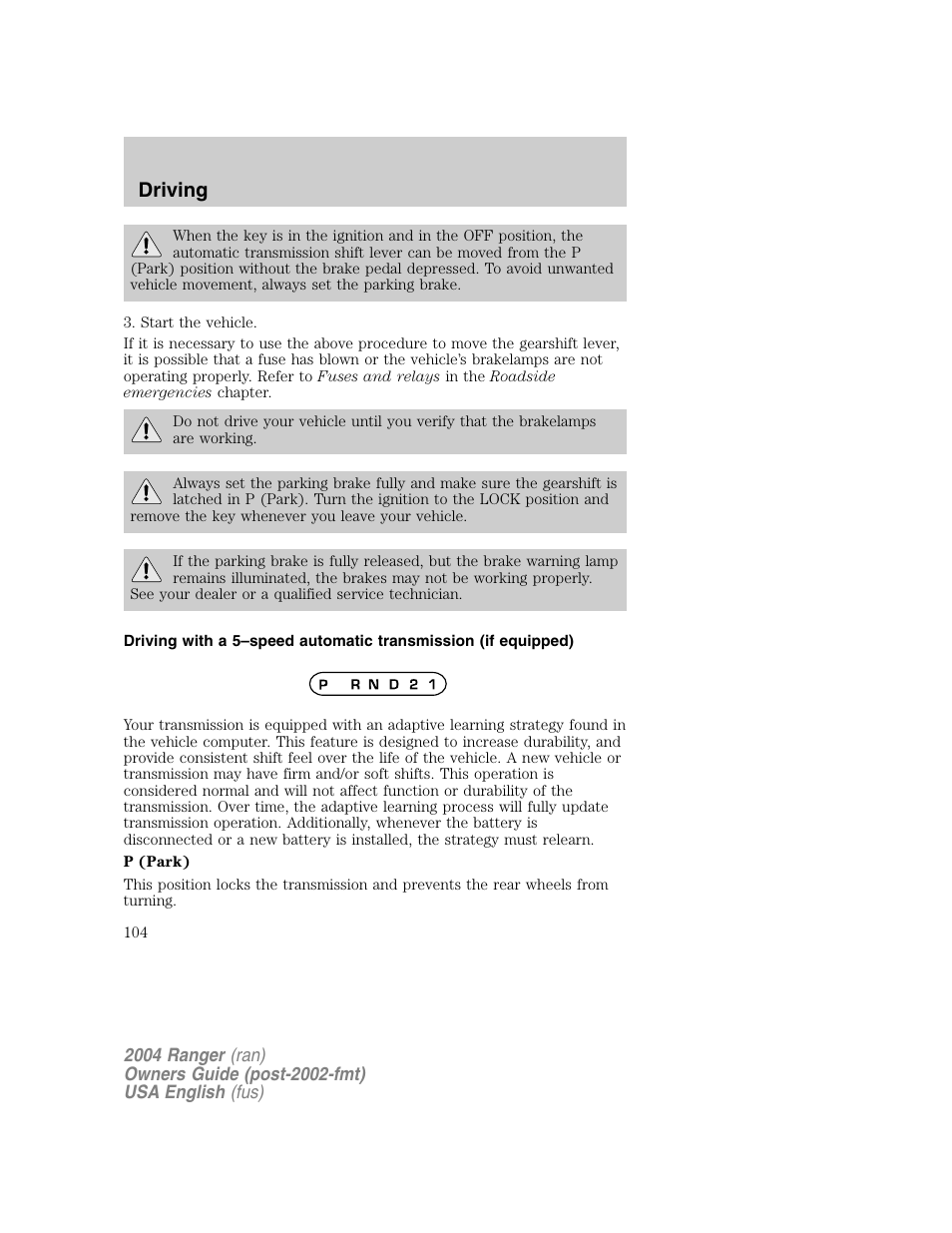Driving | FORD 2004 Ranger v.1 User Manual | Page 104 / 248