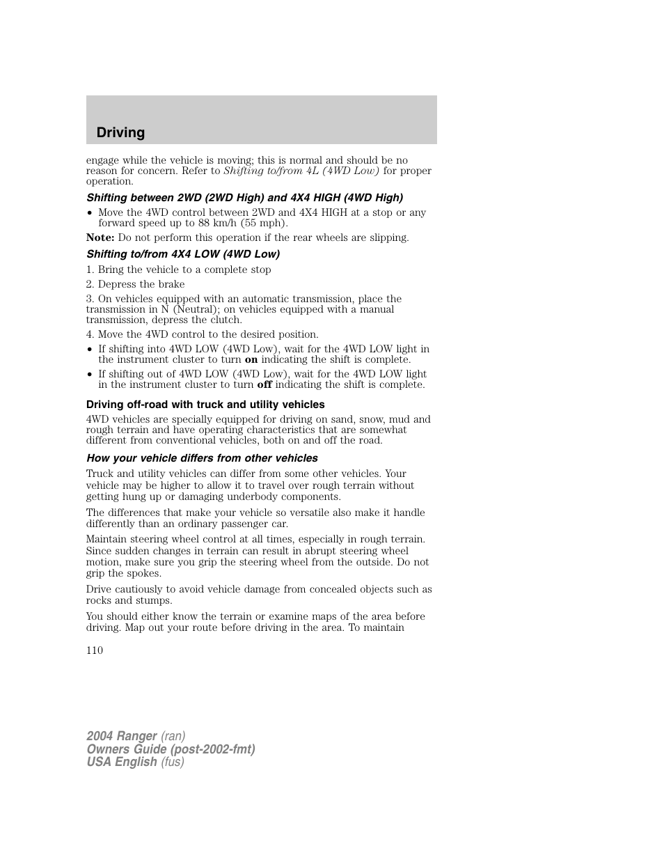 Driving | FORD 2004 Ranger v.1 User Manual | Page 110 / 248