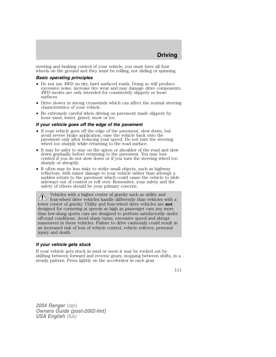 Driving | FORD 2004 Ranger v.1 User Manual | Page 111 / 248