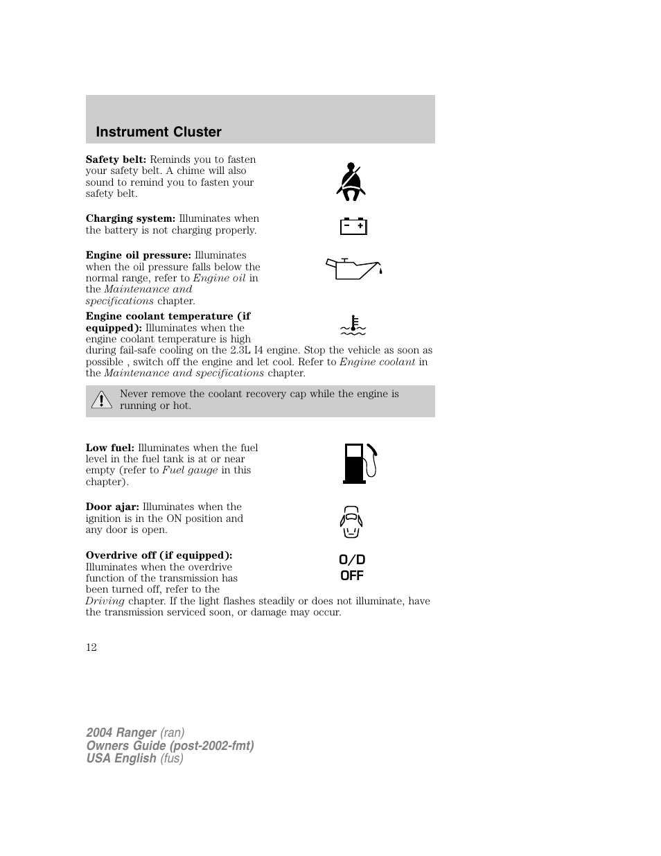 Instrument cluster | FORD 2004 Ranger v.1 User Manual | Page 12 / 248