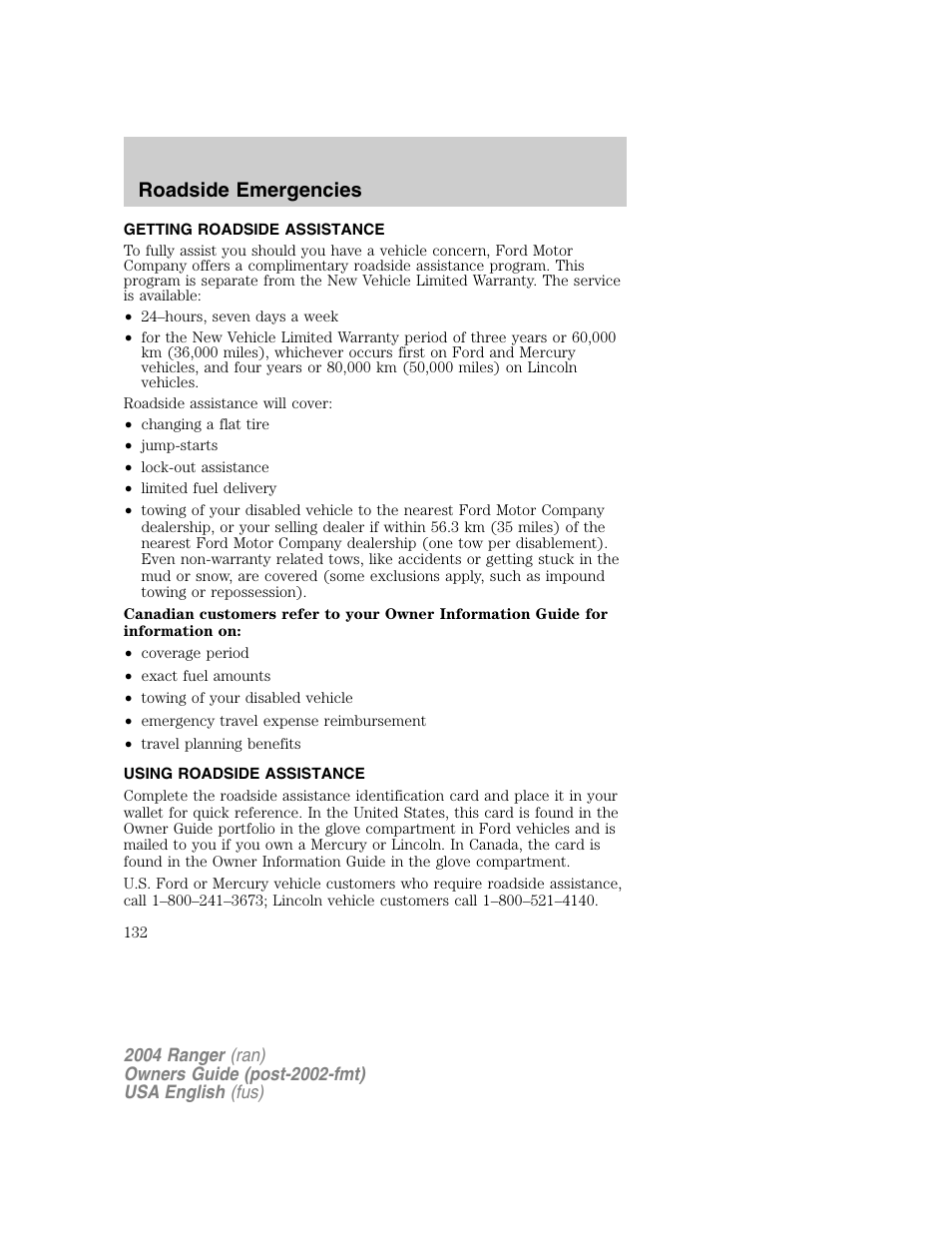 Roadside emergencies | FORD 2004 Ranger v.1 User Manual | Page 132 / 248