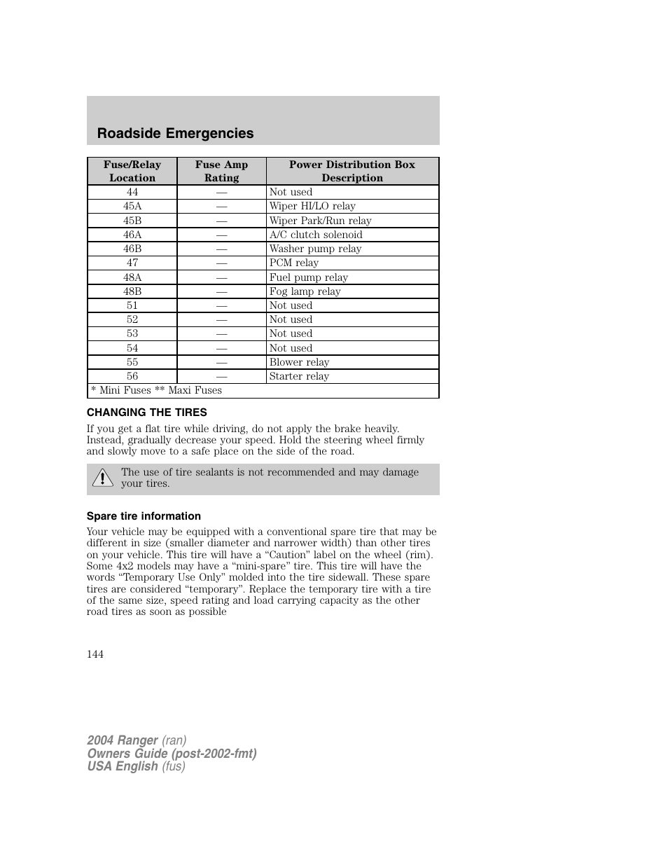 Roadside emergencies | FORD 2004 Ranger v.1 User Manual | Page 144 / 248