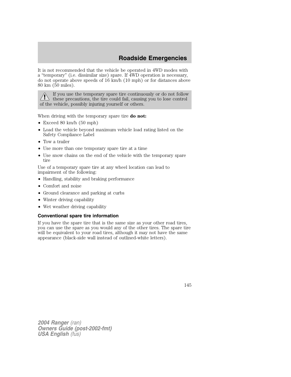 Roadside emergencies | FORD 2004 Ranger v.1 User Manual | Page 145 / 248