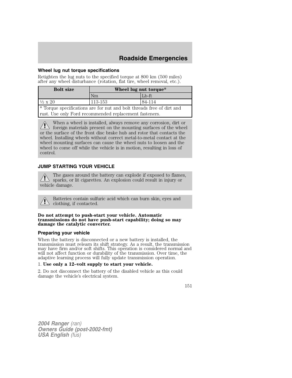 Roadside emergencies | FORD 2004 Ranger v.1 User Manual | Page 151 / 248