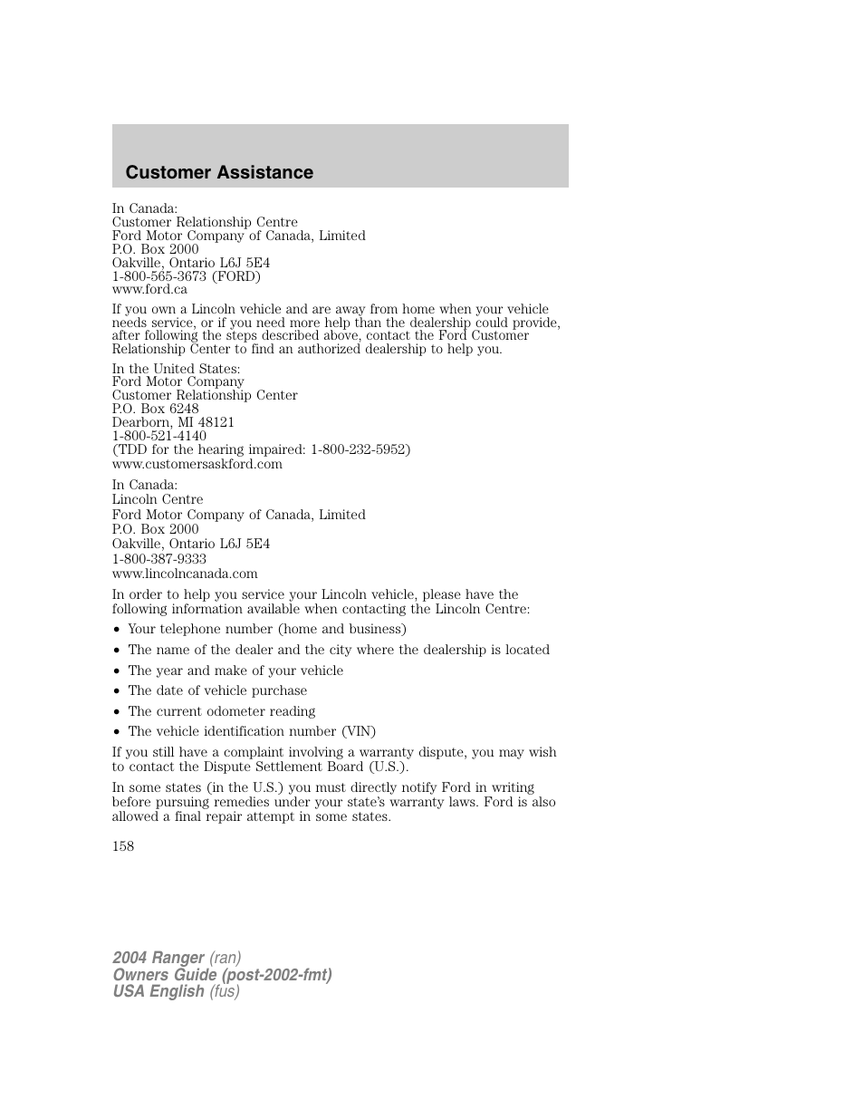 Customer assistance | FORD 2004 Ranger v.1 User Manual | Page 158 / 248