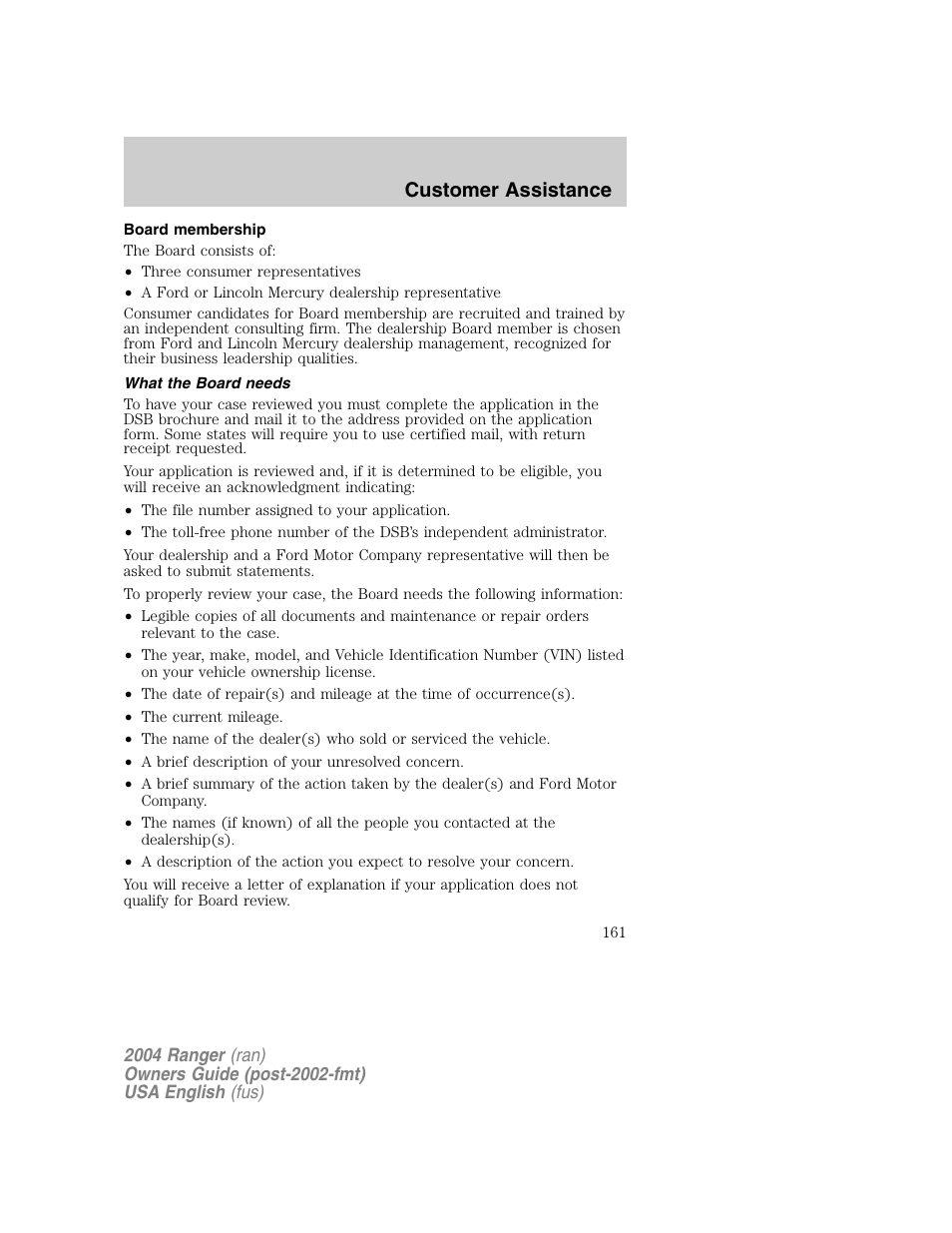 Customer assistance | FORD 2004 Ranger v.1 User Manual | Page 161 / 248