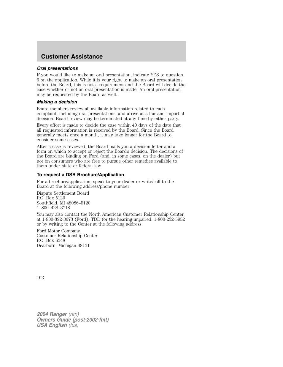 Customer assistance | FORD 2004 Ranger v.1 User Manual | Page 162 / 248