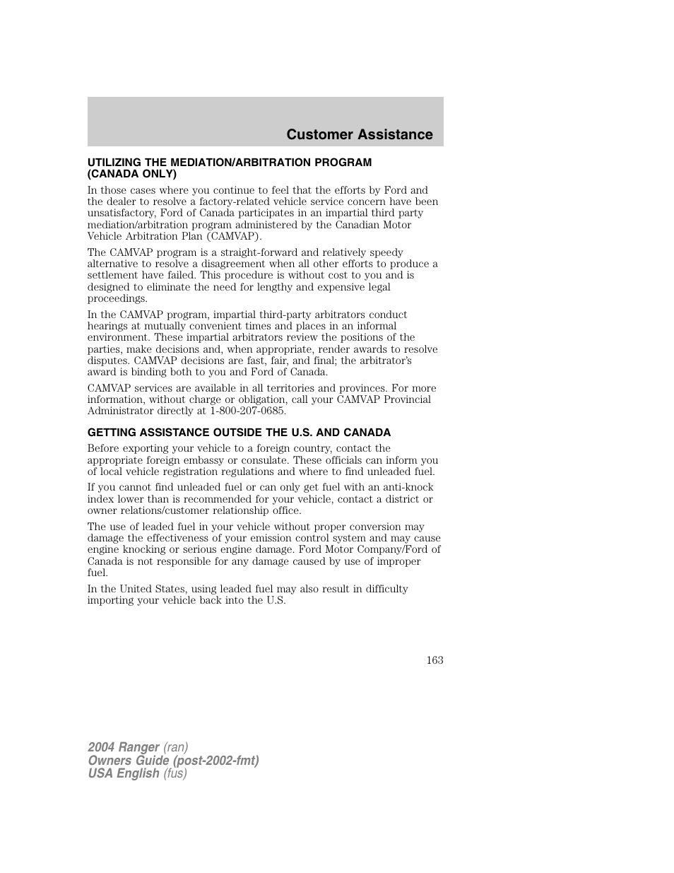 Customer assistance | FORD 2004 Ranger v.1 User Manual | Page 163 / 248