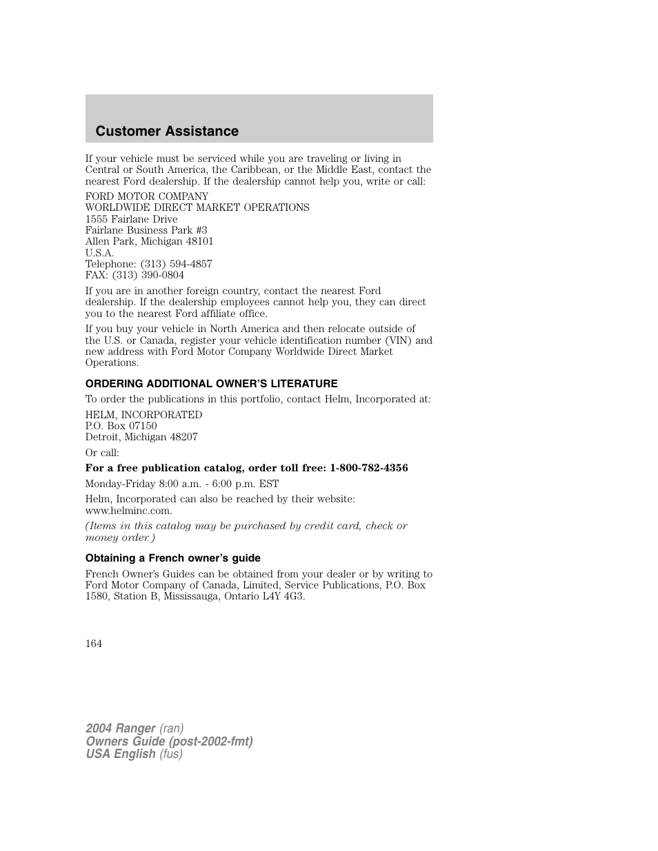Customer assistance | FORD 2004 Ranger v.1 User Manual | Page 164 / 248