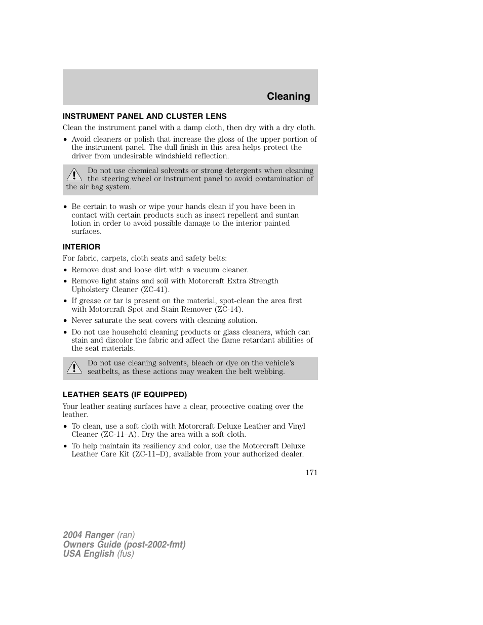 Cleaning | FORD 2004 Ranger v.1 User Manual | Page 171 / 248