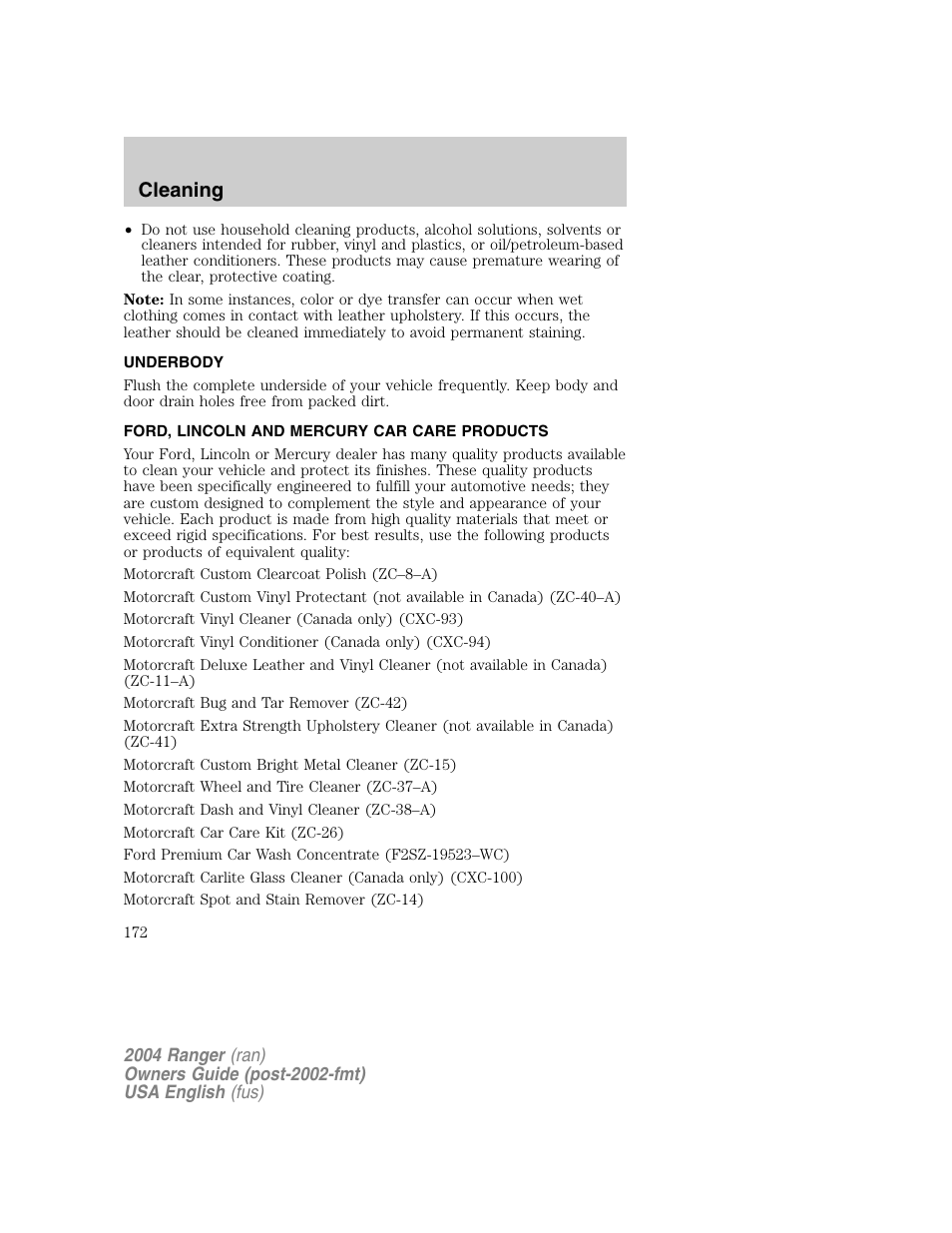 Cleaning | FORD 2004 Ranger v.1 User Manual | Page 172 / 248