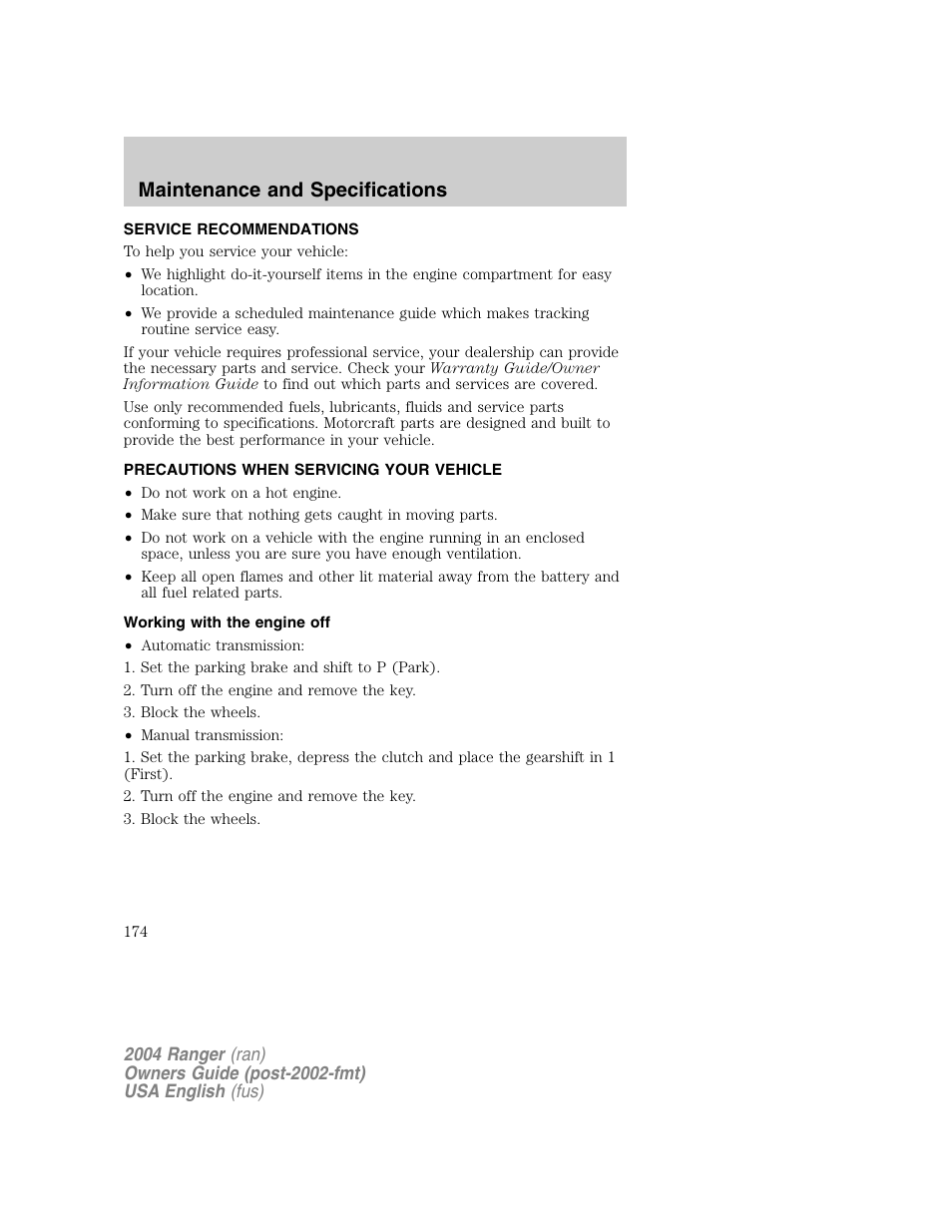 Maintenance and specifications | FORD 2004 Ranger v.1 User Manual | Page 174 / 248