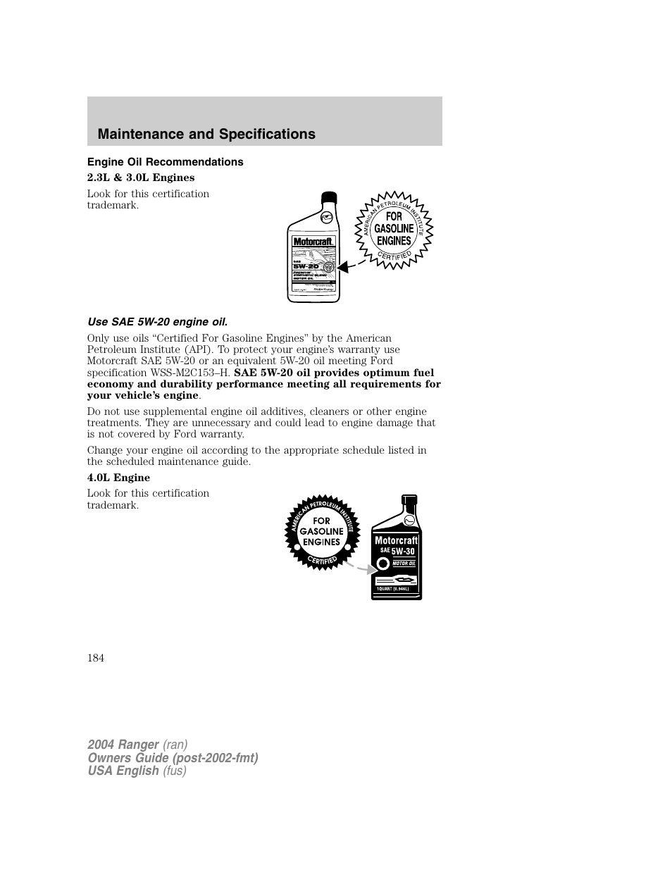 Maintenance and specifications | FORD 2004 Ranger v.1 User Manual | Page 184 / 248