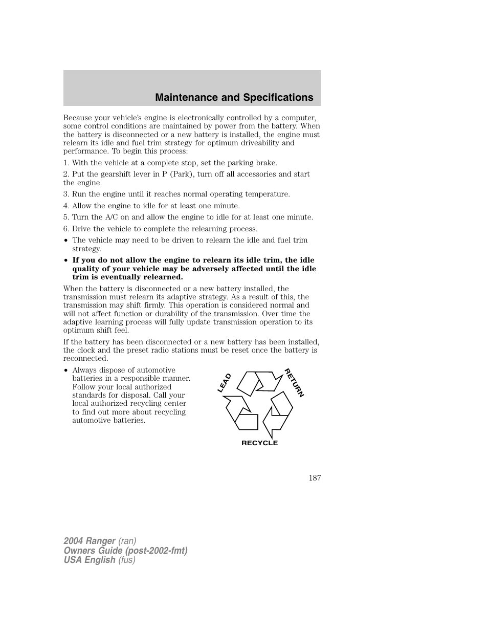 Maintenance and specifications | FORD 2004 Ranger v.1 User Manual | Page 187 / 248