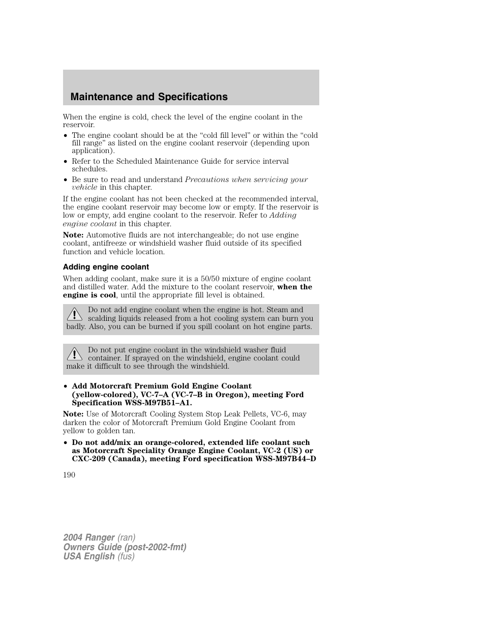 Maintenance and specifications | FORD 2004 Ranger v.1 User Manual | Page 190 / 248