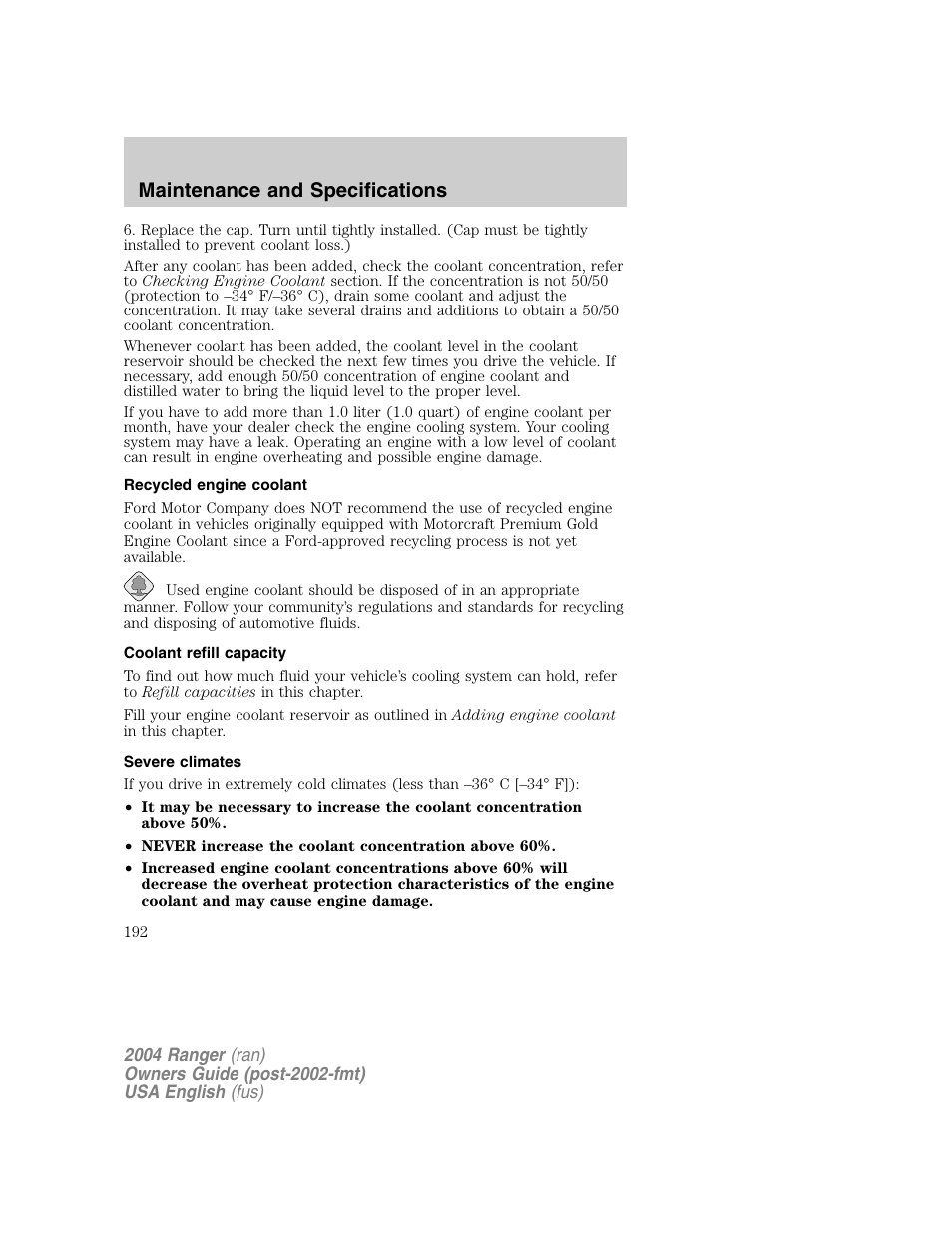 Maintenance and specifications | FORD 2004 Ranger v.1 User Manual | Page 192 / 248