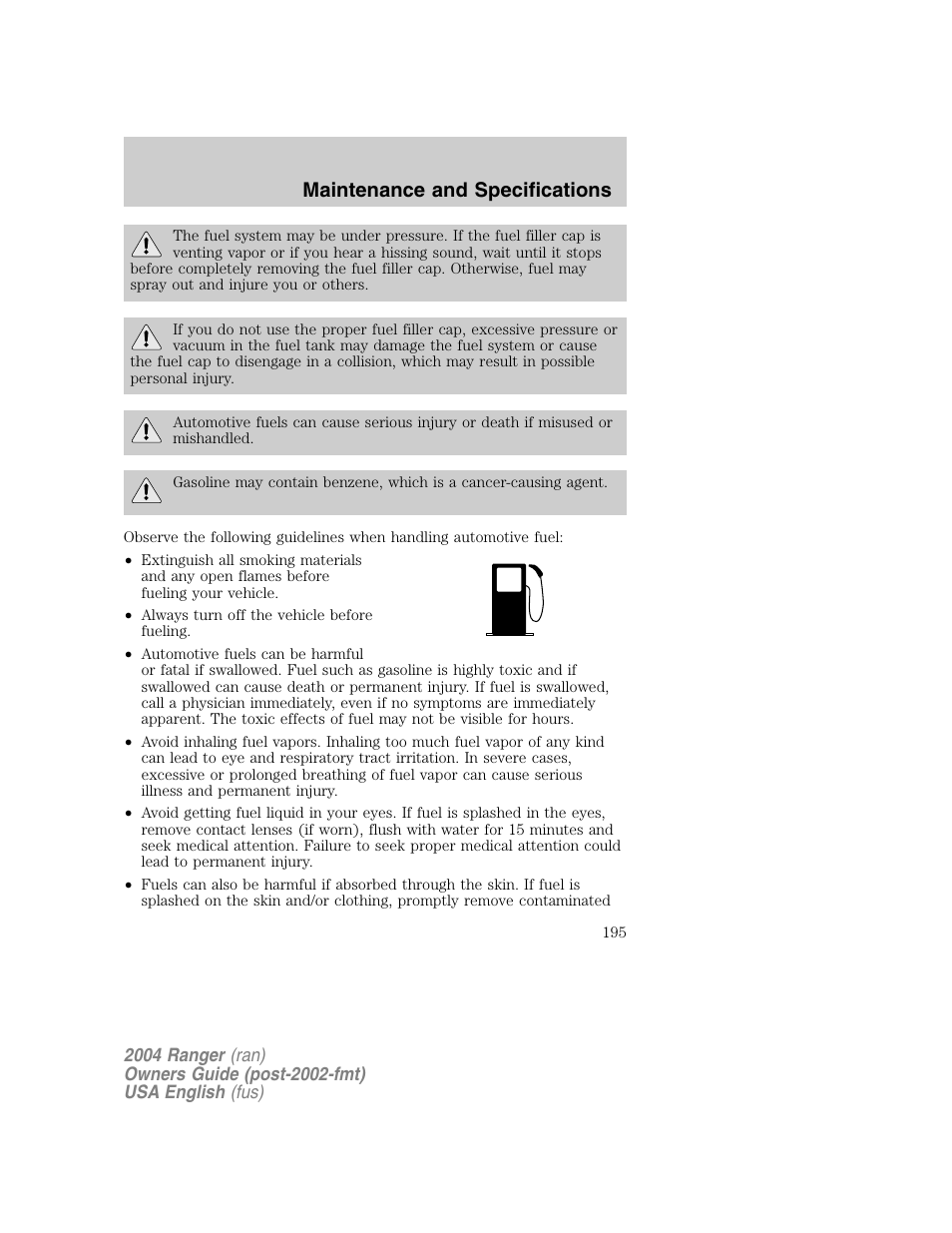 Maintenance and specifications | FORD 2004 Ranger v.1 User Manual | Page 195 / 248