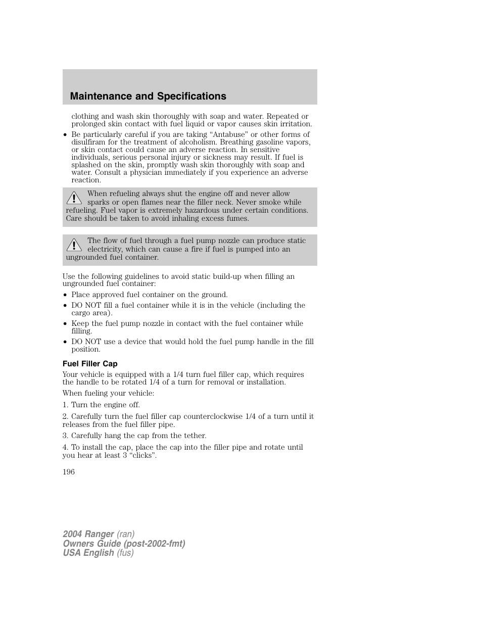Maintenance and specifications | FORD 2004 Ranger v.1 User Manual | Page 196 / 248