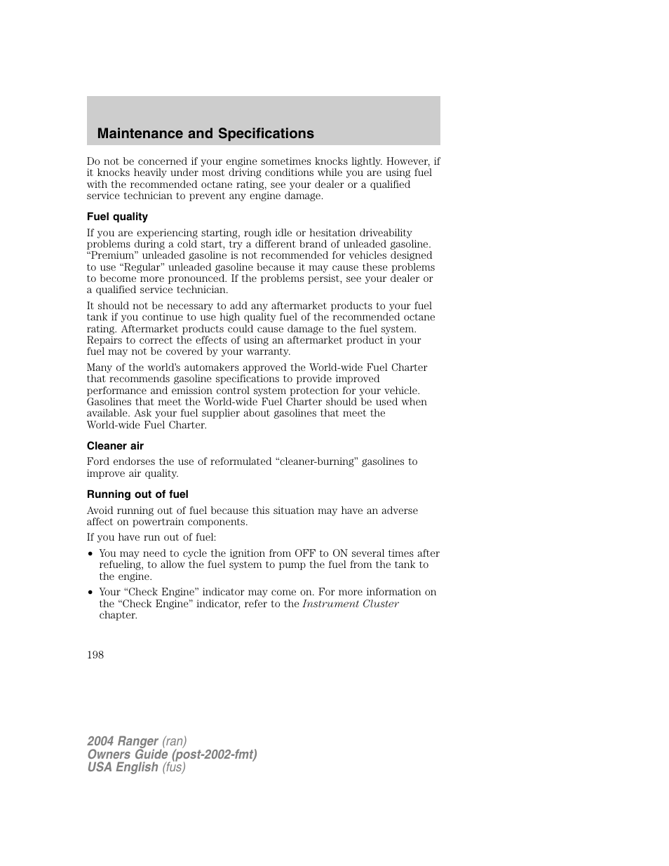 Maintenance and specifications | FORD 2004 Ranger v.1 User Manual | Page 198 / 248