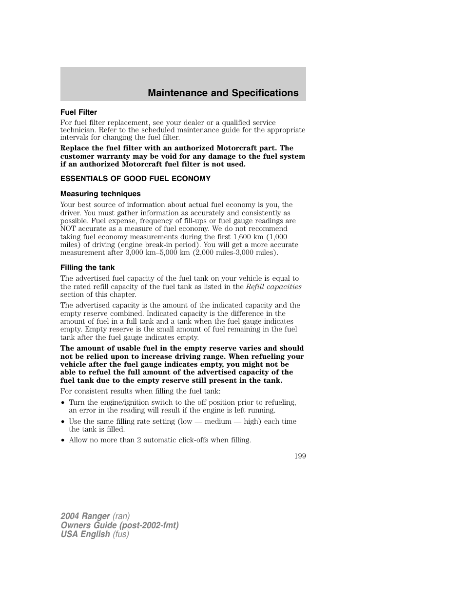 Maintenance and specifications | FORD 2004 Ranger v.1 User Manual | Page 199 / 248