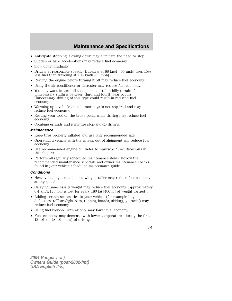 Maintenance and specifications | FORD 2004 Ranger v.1 User Manual | Page 201 / 248