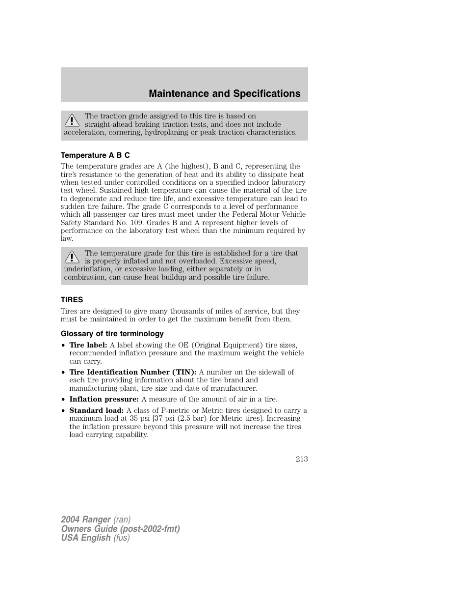Maintenance and specifications | FORD 2004 Ranger v.1 User Manual | Page 213 / 248