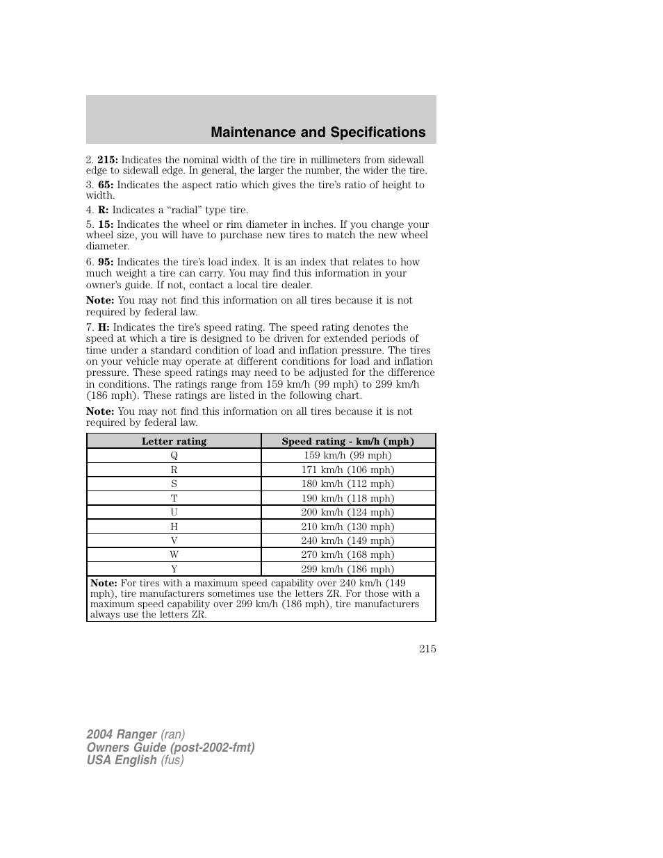 Maintenance and specifications | FORD 2004 Ranger v.1 User Manual | Page 215 / 248
