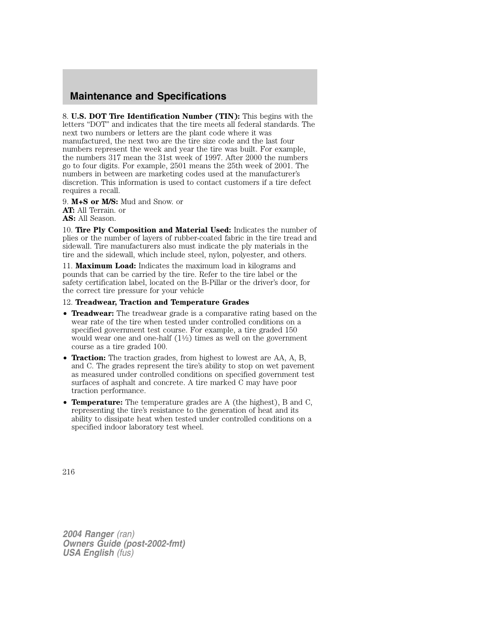 Maintenance and specifications | FORD 2004 Ranger v.1 User Manual | Page 216 / 248