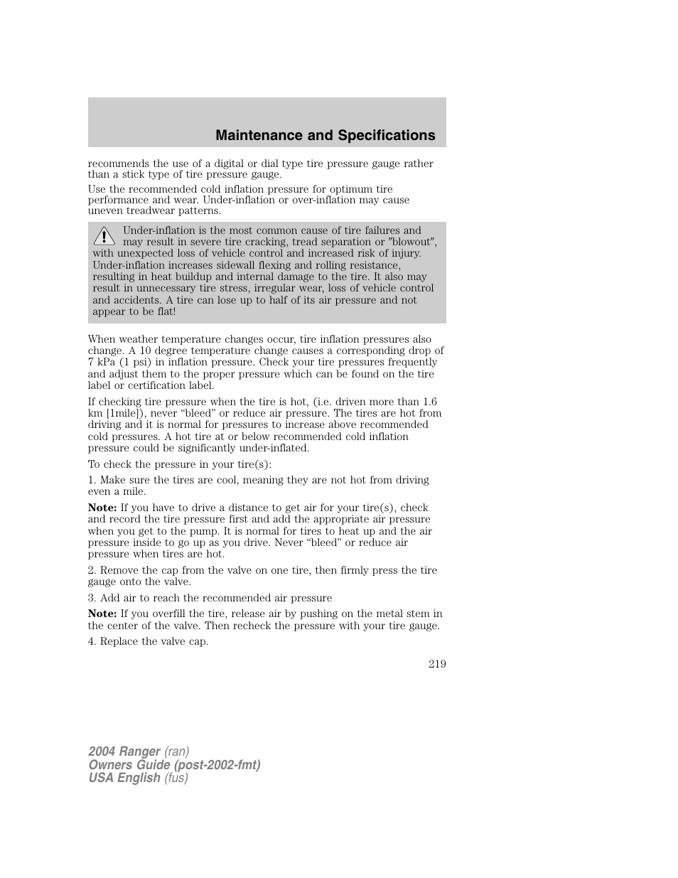 Maintenance and specifications | FORD 2004 Ranger v.1 User Manual | Page 219 / 248