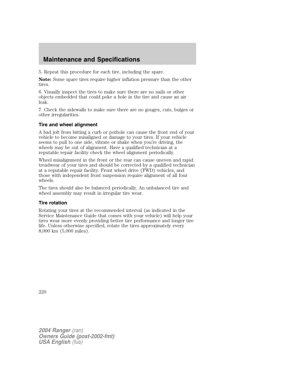 Maintenance and specifications | FORD 2004 Ranger v.1 User Manual | Page 220 / 248