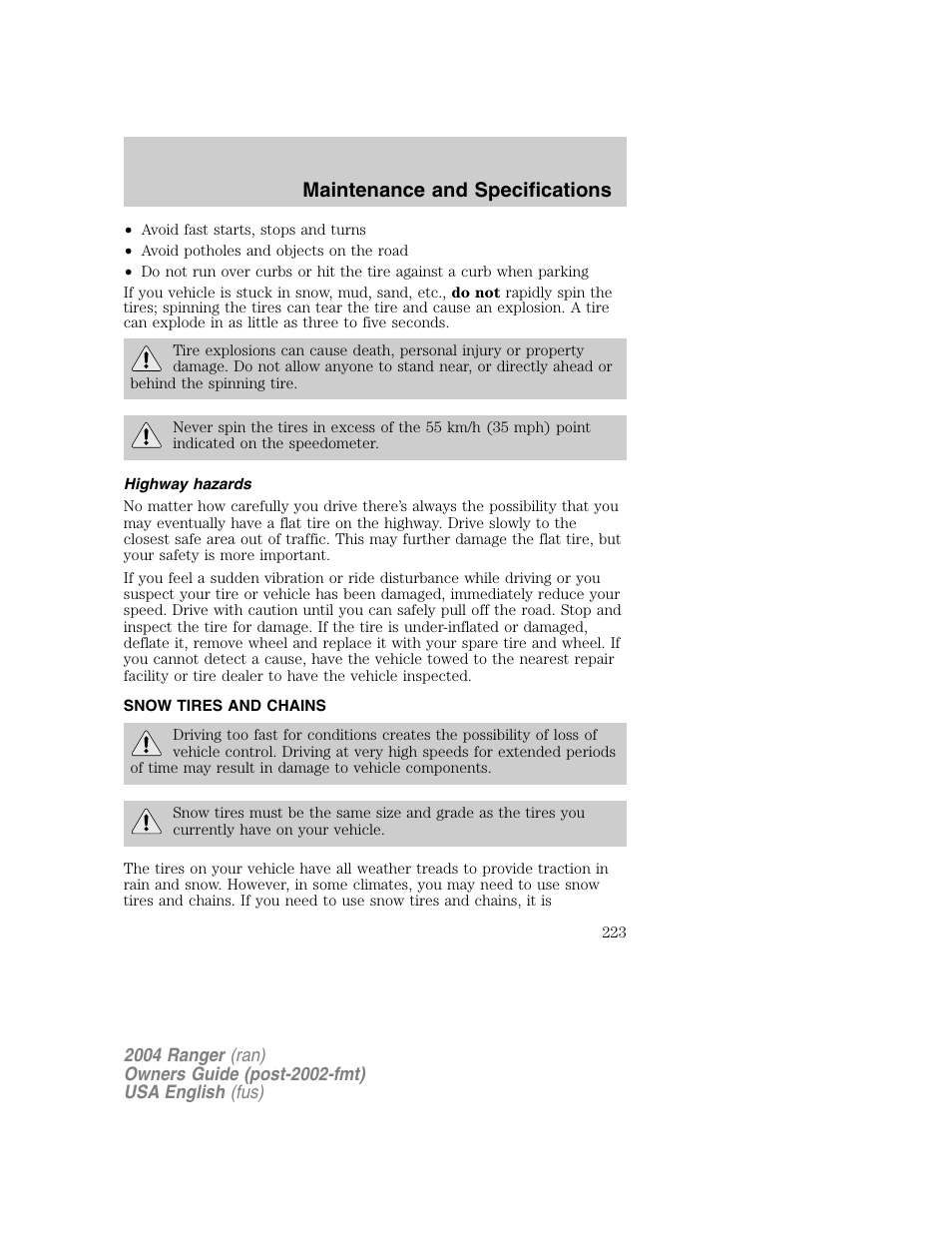 Maintenance and specifications | FORD 2004 Ranger v.1 User Manual | Page 223 / 248