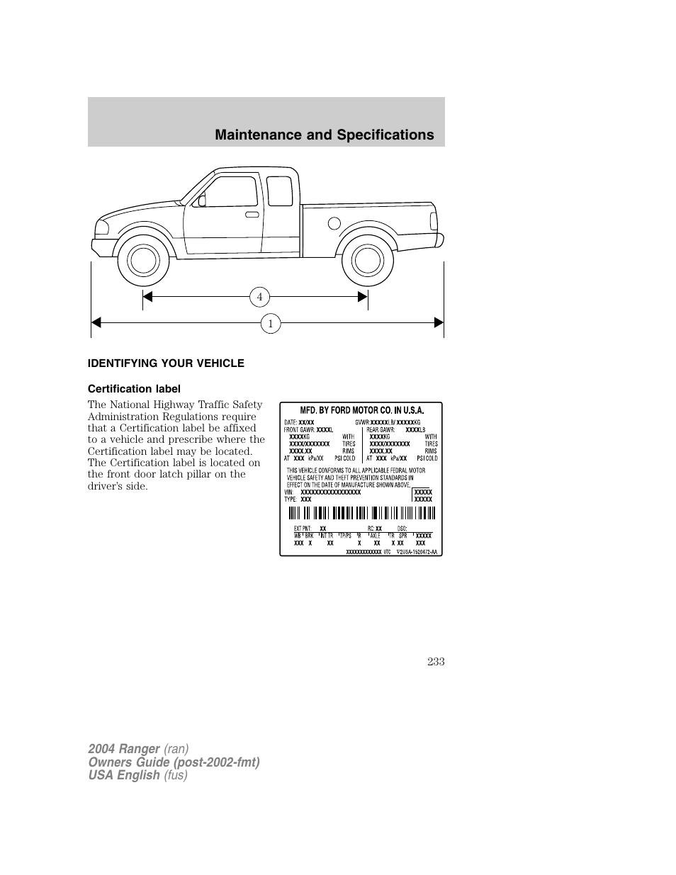 Maintenance and specifications | FORD 2004 Ranger v.1 User Manual | Page 233 / 248