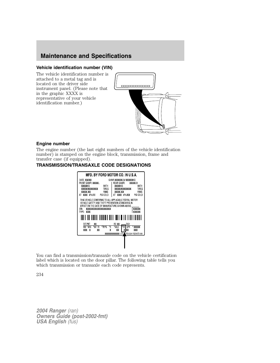Maintenance and specifications | FORD 2004 Ranger v.1 User Manual | Page 234 / 248
